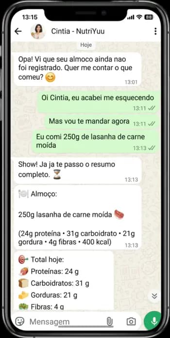 NutriYuu enviando lembrete no WhatsApp para registrar refeição